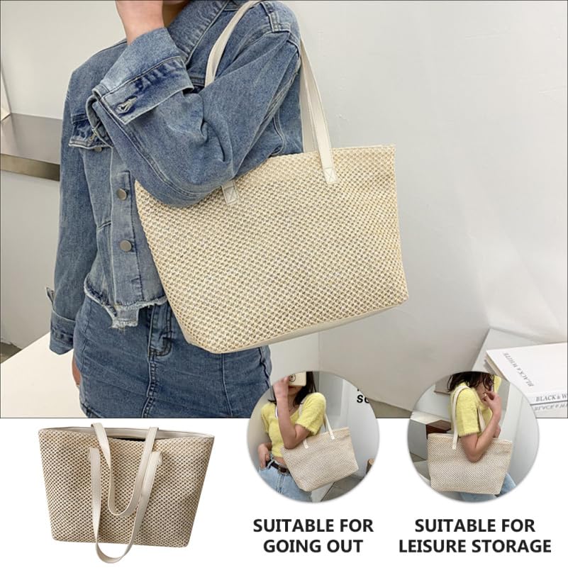[DEARMAMY] 1 Handbag, Women's Tote Bag, Straw Beach Tote, Straw Tote, Women's Shoulder Tote Bag, Raffia Bag, Woven Tote, Summer Bag, Pu Leather, Beige