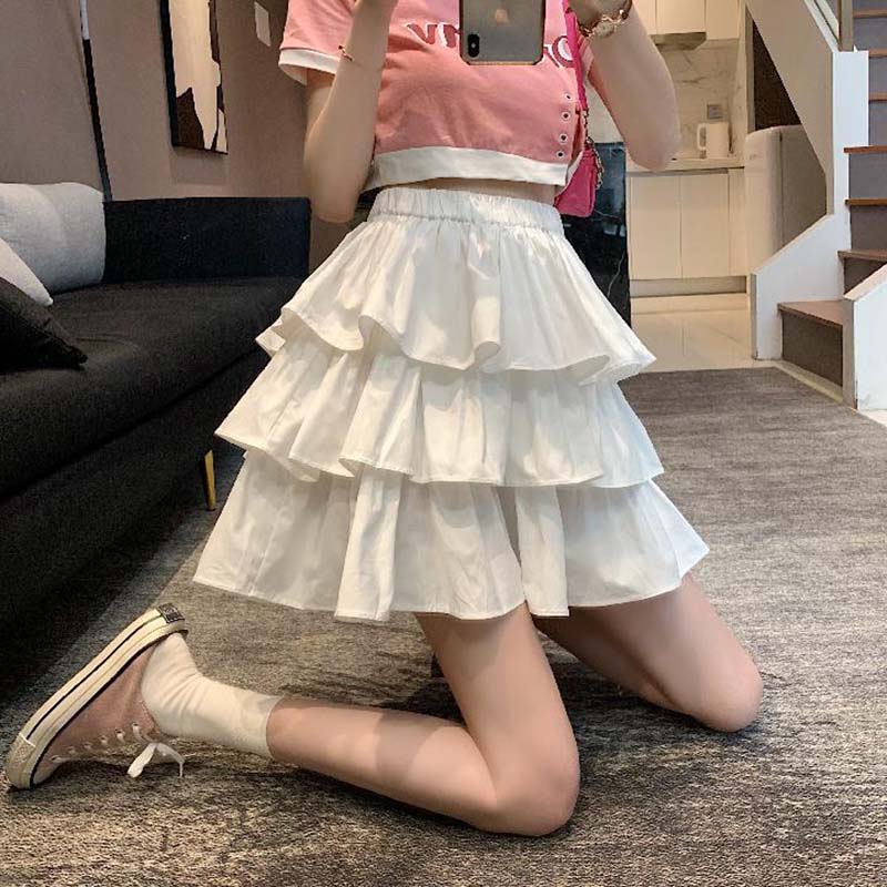 Black and White Check Cake Skirt Women's Elastic Waist A-word Ruffle Edge Pleats Puffy Skirt Sexy Sweet Gothic Preppy Style Spring Summer