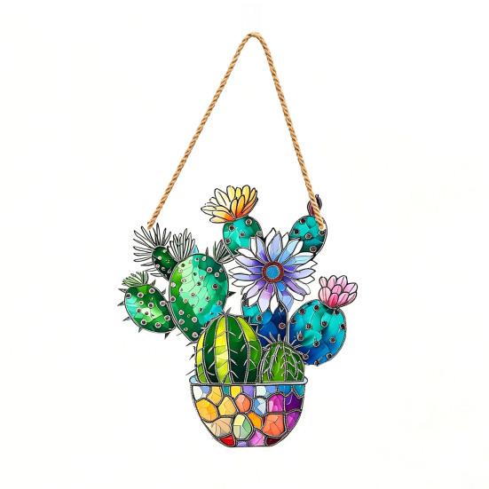 Cactus Window Decor Rope Lanyard Double Sided Acrylic with Hemp Suncatcher Lightweight Printed