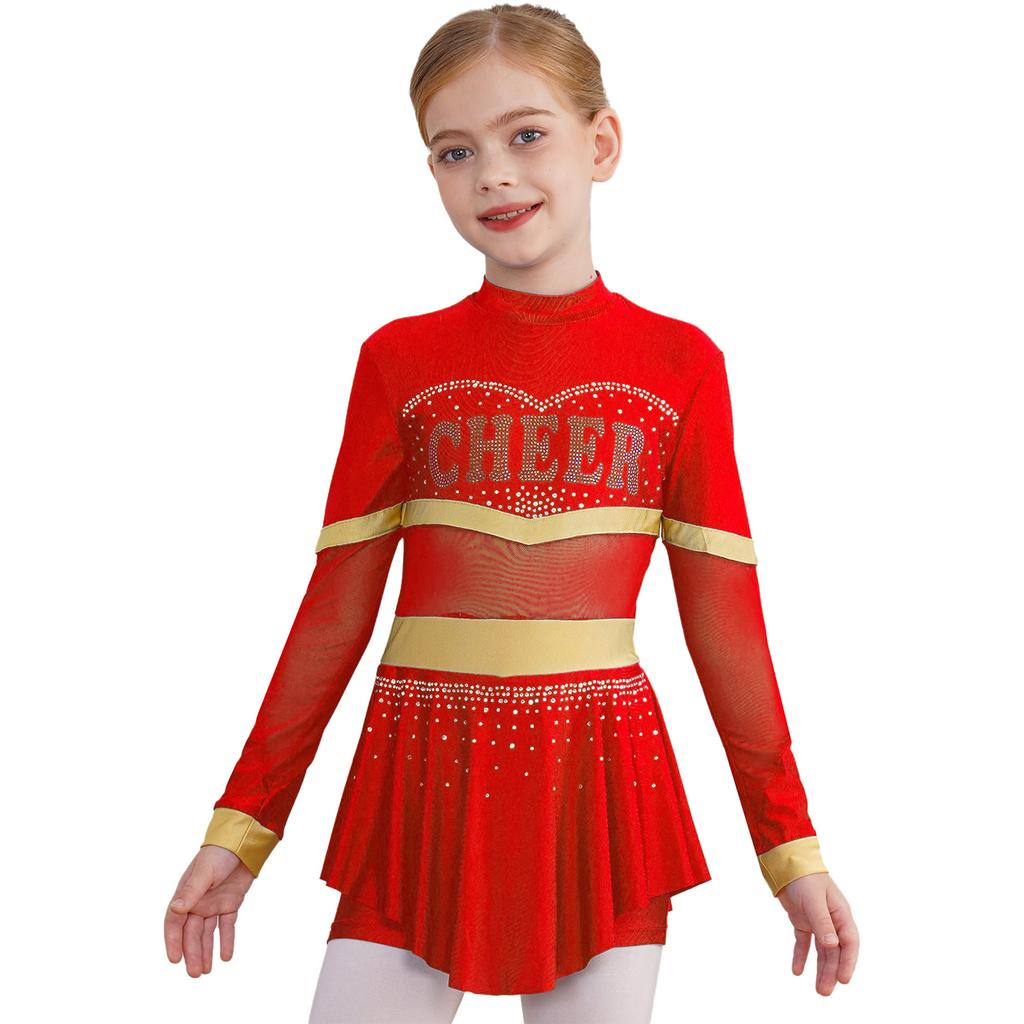 Girls One-Piece Cheerleading Costume: Long Sleeve Mesh Patchwork Shiny Diamonds Jumpsuit for Dance Gymnastic Performance