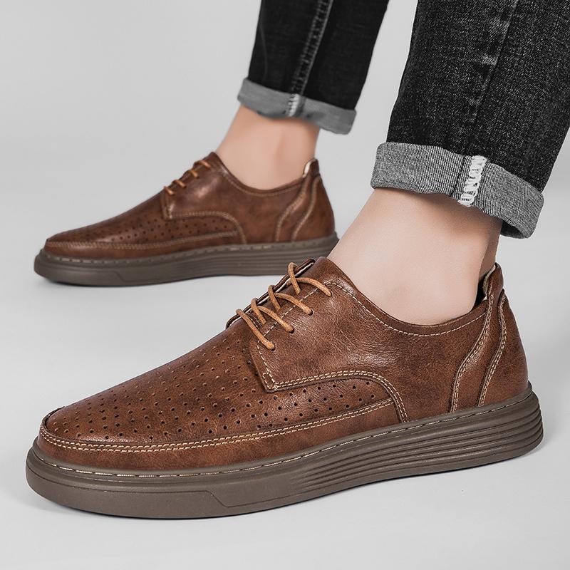 Fashion Men Oxfords Leather Shoes Lace Up British Style Mens Casual Shoes Brand Summer Punching Leather Breathable Moccasins Size 36-48