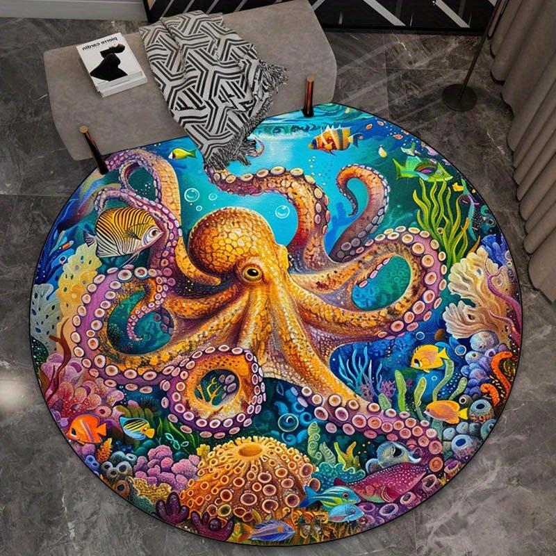 Krystalový sametový koberec 2D Plochý, 3D Kobercový kulatý koberec s potiskem chobotnice Podložka pod židli - Protiskluzový Polyester, Krystalový samet, Pod vodou