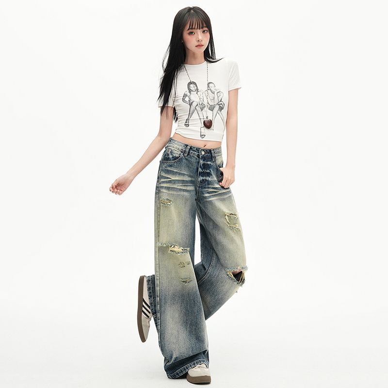 Spring Summer Dandy High Waist Drape Ripped Lazy Relaxed Wide Leg Denim Pants For Women Casual Pants Oversize Denim Trousers