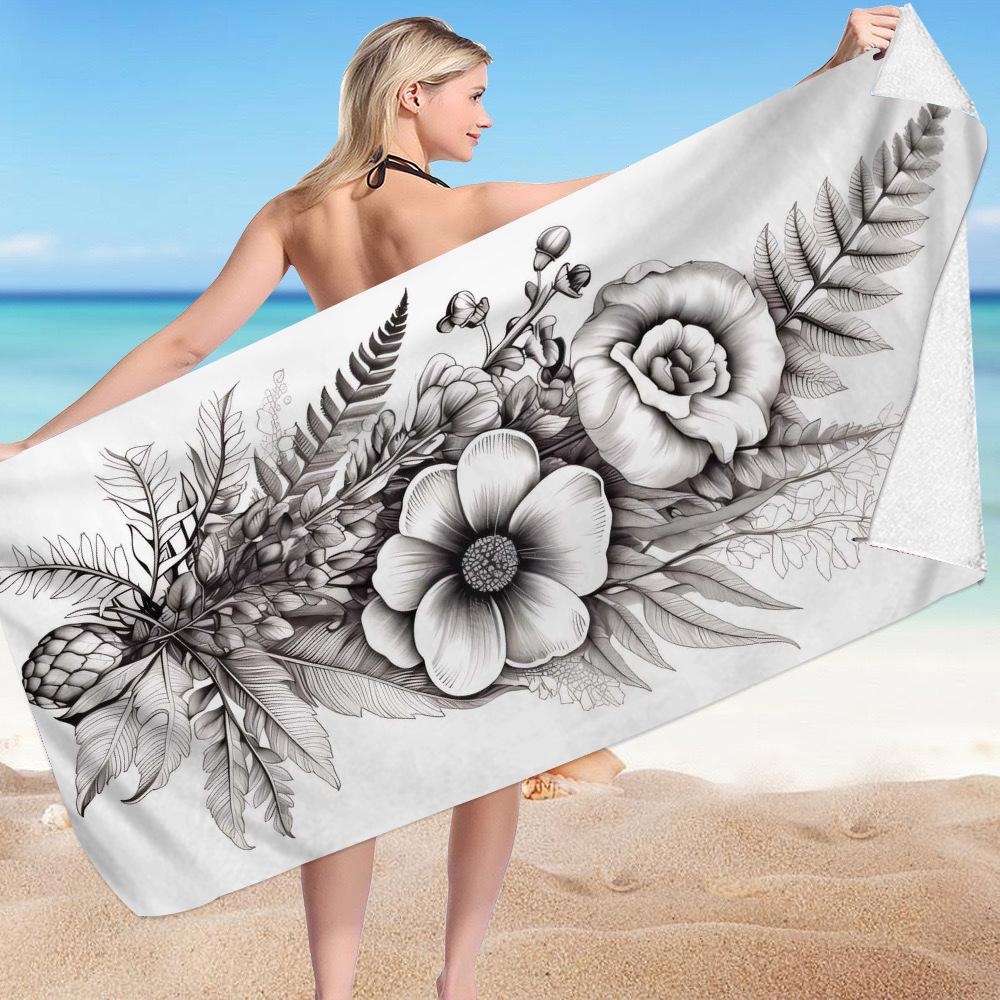 White-flowered Back Series digital-printed polyester Superfine fiber double-sided fleece Beach vacation bath towel, beach towel