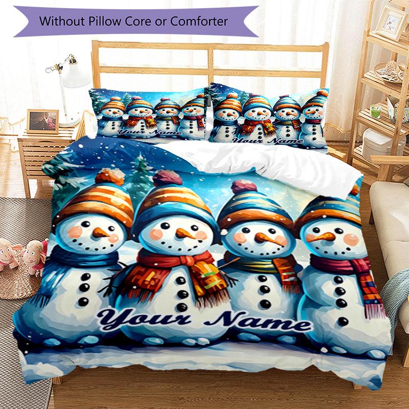 3PC Custom Name Snowmen Winter Friendship Bedding Set Duvet Cover Closure Includes 1 Duvet Cover & 2 Pillowcases for Bedroom