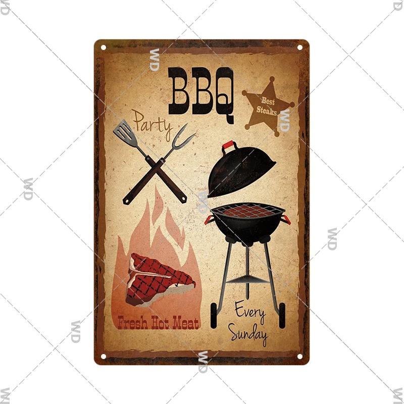 Dad's BBQ Party Metal Tin Plaque Retro Tin Signs Barbecue Rules Slogan Plate Vintage Grill Poster Yard Garden Kitchen Wall Decor