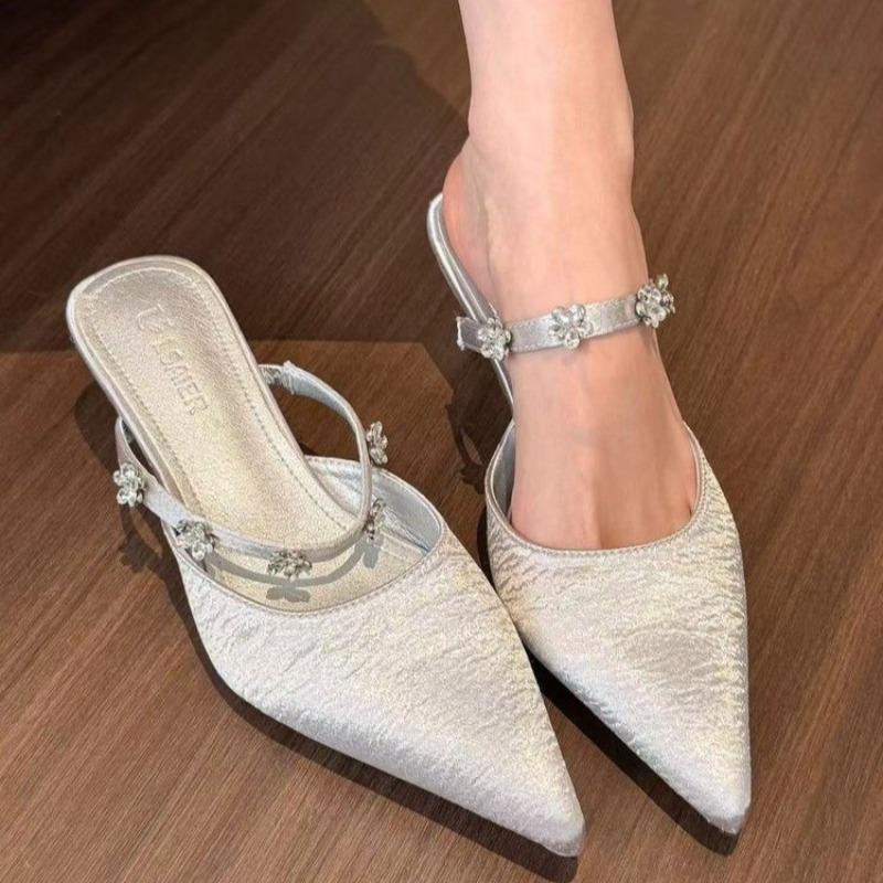 High Quality Satin Heels Women String Bead Sexy Pointed Slide Sandals Elegant Office Designer Shoes Mule Pumps Slippers