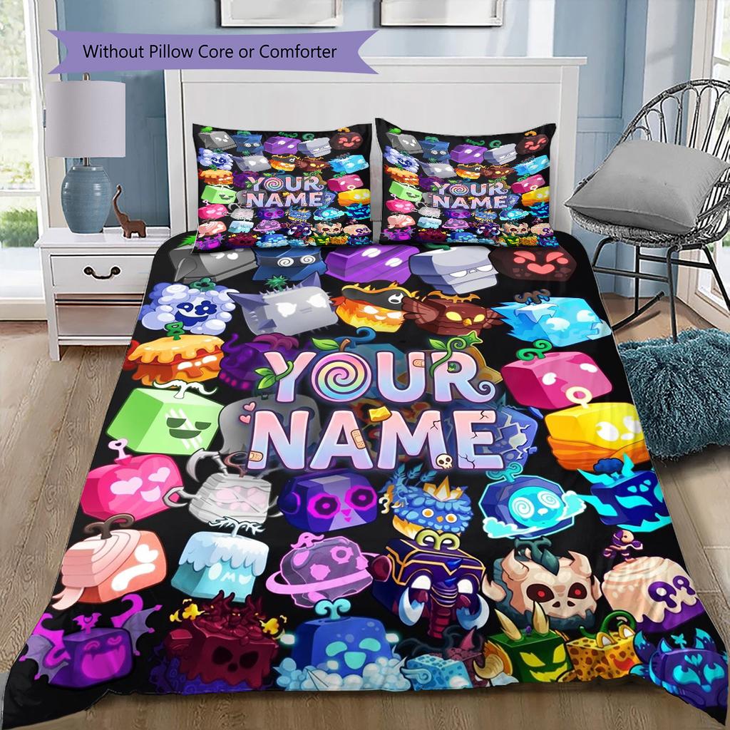Blox Fruits Adventure Custom Name Pattern Bedding Quilt Set Quilt Cover Pillowcase Home Birthday Gift(1 * duvet cover + 2 * pillowcase, without core)