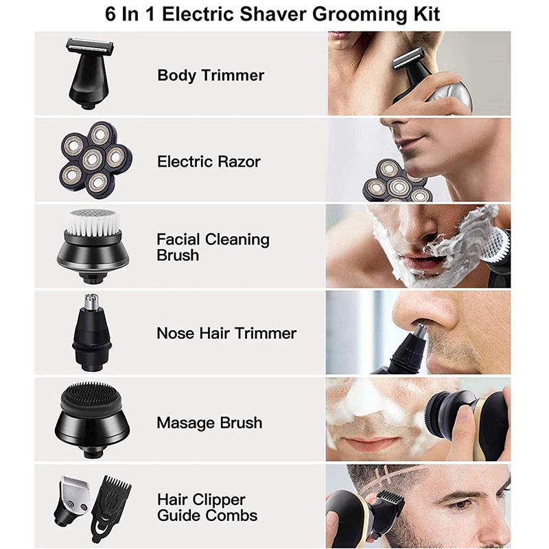 6 IN 1 6 Blades Electric Shaver Men Hair Beard Trimmer Rechargeable Electric Razor Men Face Shaving Machine Grooming Kit