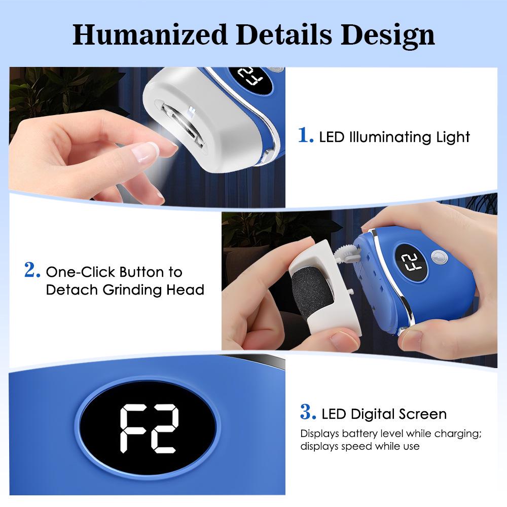 Rechargeable 2-Speed Electric Foot File with 2 Replacement Heads for Removing Dead Skin & Calluses