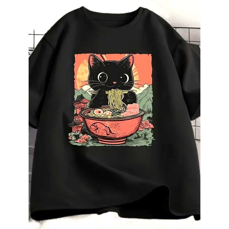 

European Size Cute Black Cat Lady Ramen Anime T-Shirt - a Japanese Comic Style Kawaii Design Featuring a Bowl of Tuna Ramen And Chopsticks 4XL чорний
