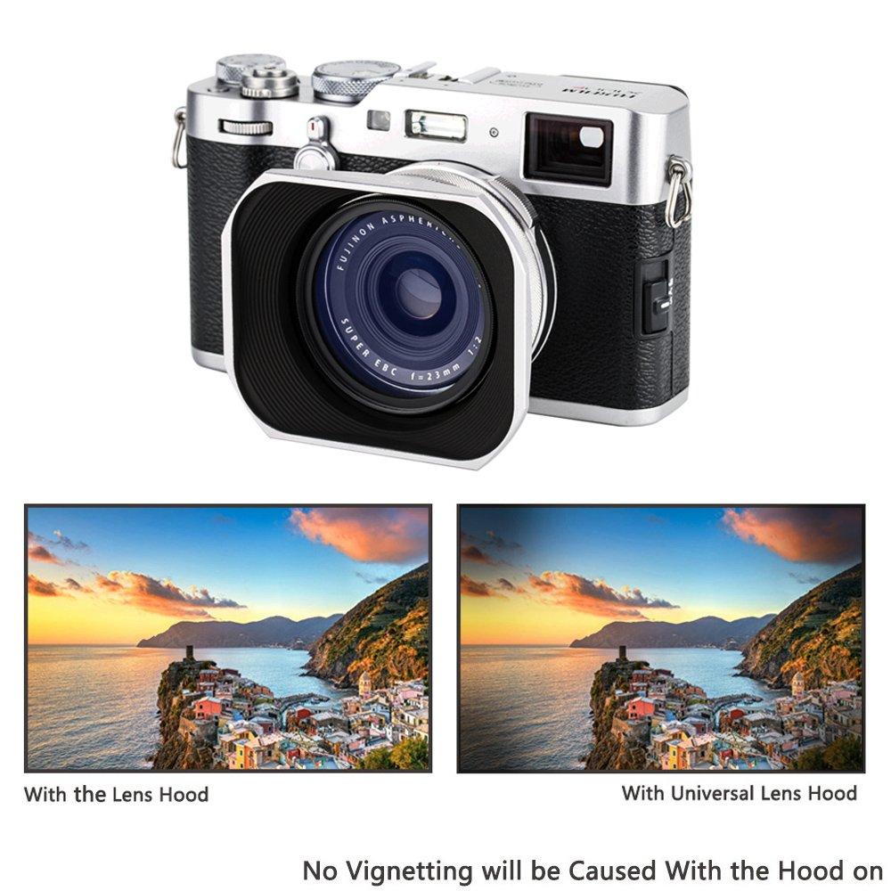 JJC Metal Square Lens Hood + Hood Cap & 49mm Thread Adapter Ring for Fujifilm X100VI, X100V, X100F, X100T, X100S, X100, X70, LH-X100 & AR-X100, Silver