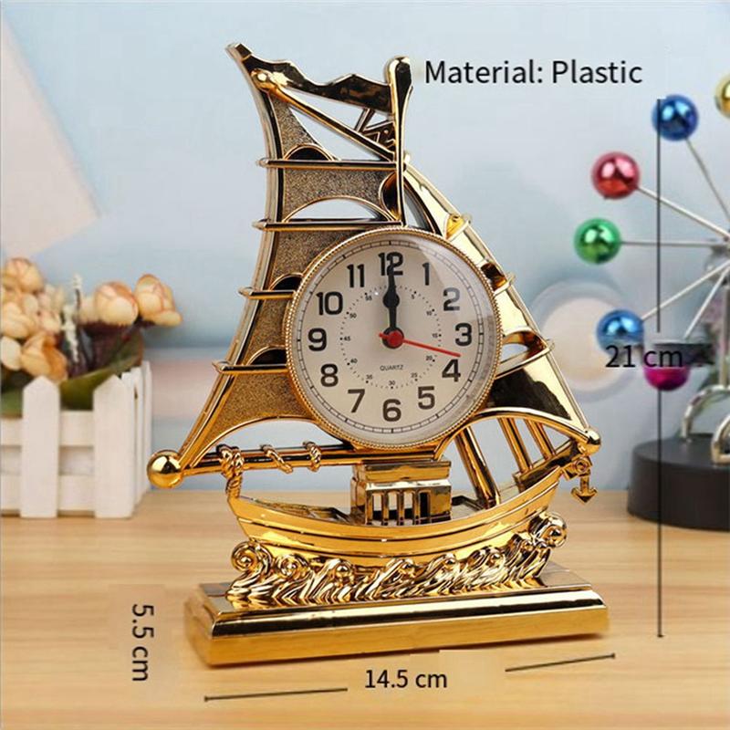 A44Z-Clock Alarm Sailboat Table Vintage Retro Model Ornament Nautical Desk Clocks Boat Figure Silent Bedside