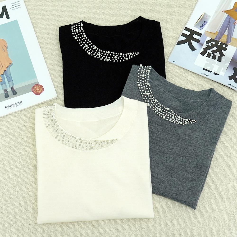 Yangtze Fine Spun Wool Beaded Short Sleeve Knitwear - Light Luxury Slimming Round Neck Tee