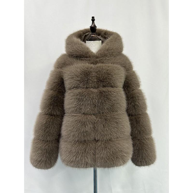 Womens Faux Fur Hooded Coat Winter Warm Casual Streetwear Jacket With Patchwork Design