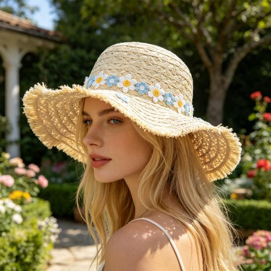 Yousheng Versatile Beach Hat, Lace Tie Straw Sun Hat with Windproof Flower Strap, Lightweight Breathable Summer Travel Hat