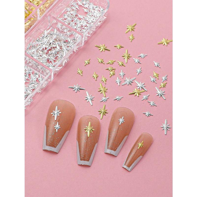 6 Grids Nail Studs, 3D Gold & Silver Cross Star, Mini Metallic Hexagram Rivets, DIY Nail Art Accessories, Women & Girls Nail Supplies