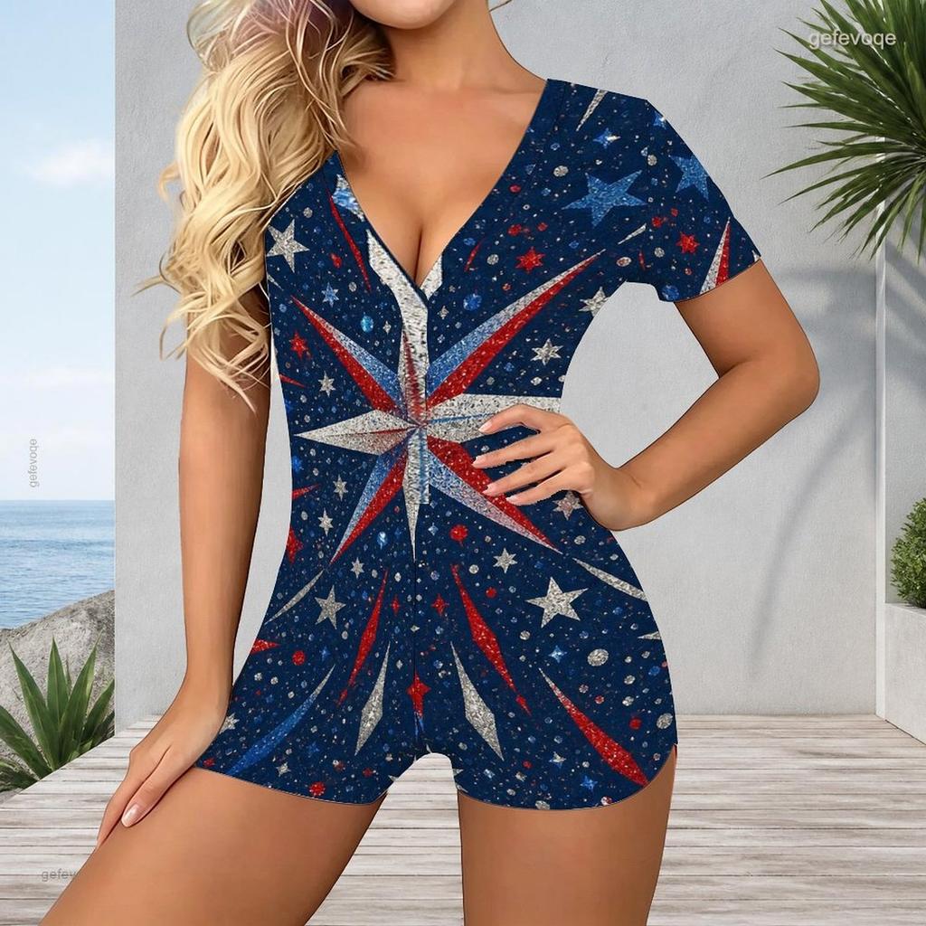 Women Plus Size White V Neck Short Sleeve Button Front Printed Romper