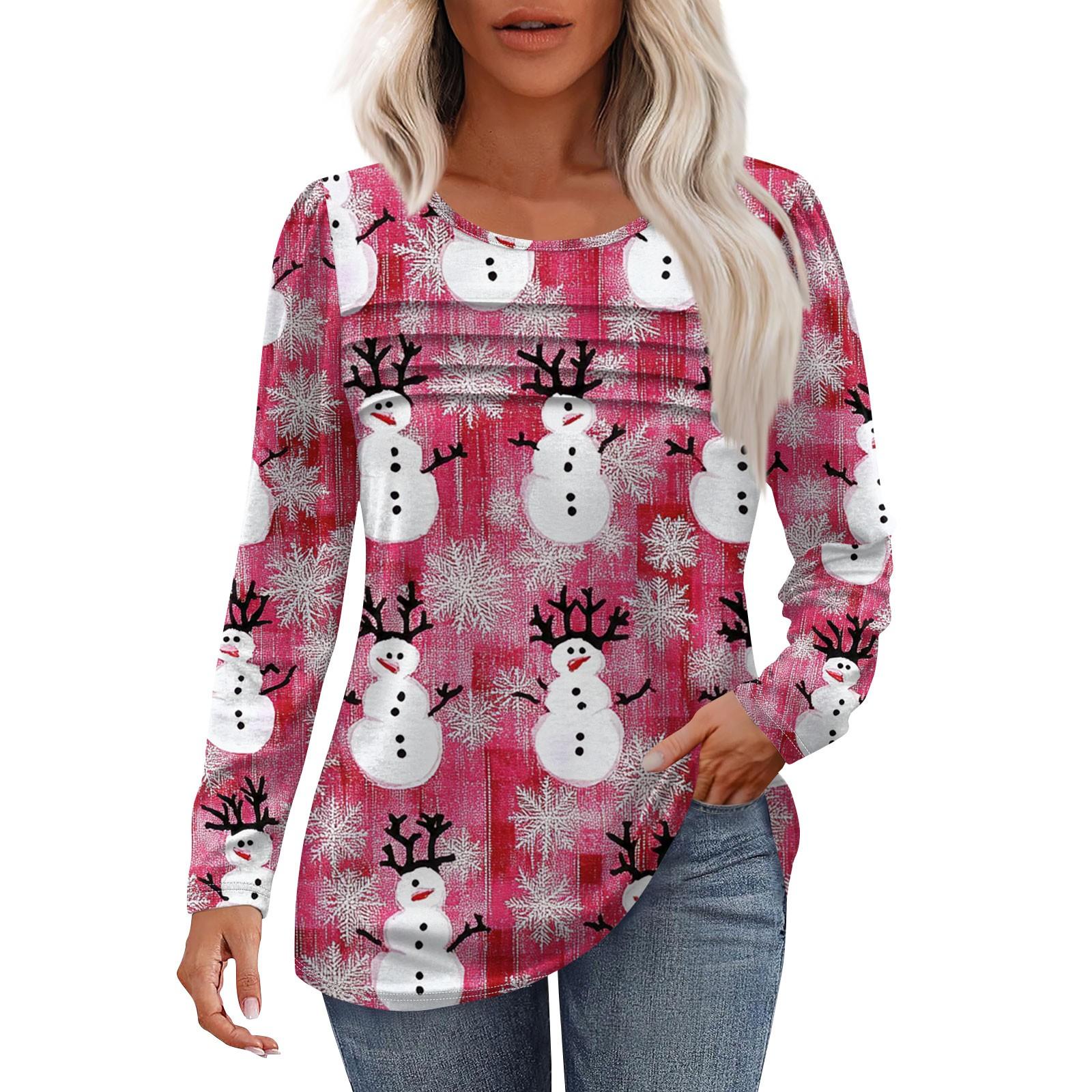 

Жіноча модна повсякденна різдвяна плісирована футболка з круглим вирізом і довгими рукавами XXL рожевий