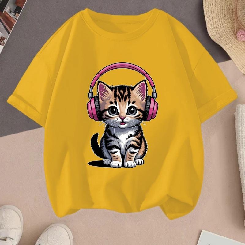 Kids Crewneck Short Sleeve Tee, Cute Tabby Cat Wearing Headphones Print Summer Casual Top