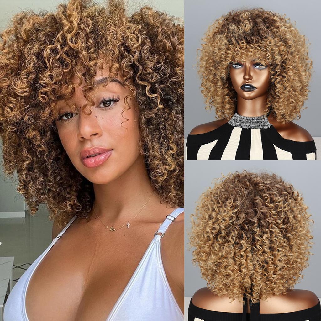 Curly Wigs for Women -Curly Wig with Bangs Natural Black Hair Synthetic Heat Resistant Full Wigs