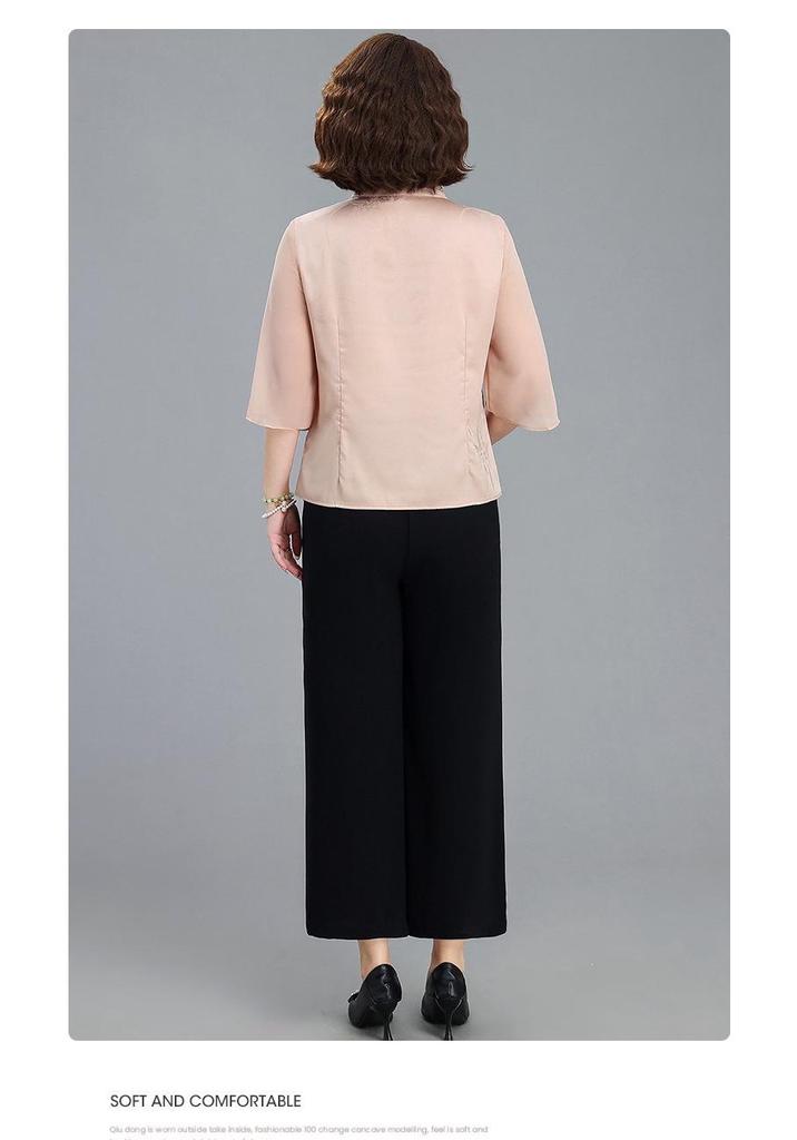 Mom's Summer 2026 Embroidered Two-Piece Set: Short-Sleeved Top and Thin-Style Pants for Middle-Aged Women