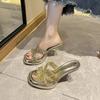 Sexy Waterproof Desk High-heeled Cool Slippers Women's Spring Summer Rhinestone Outer Wear Banquet Thick-heeled One-word Slippers