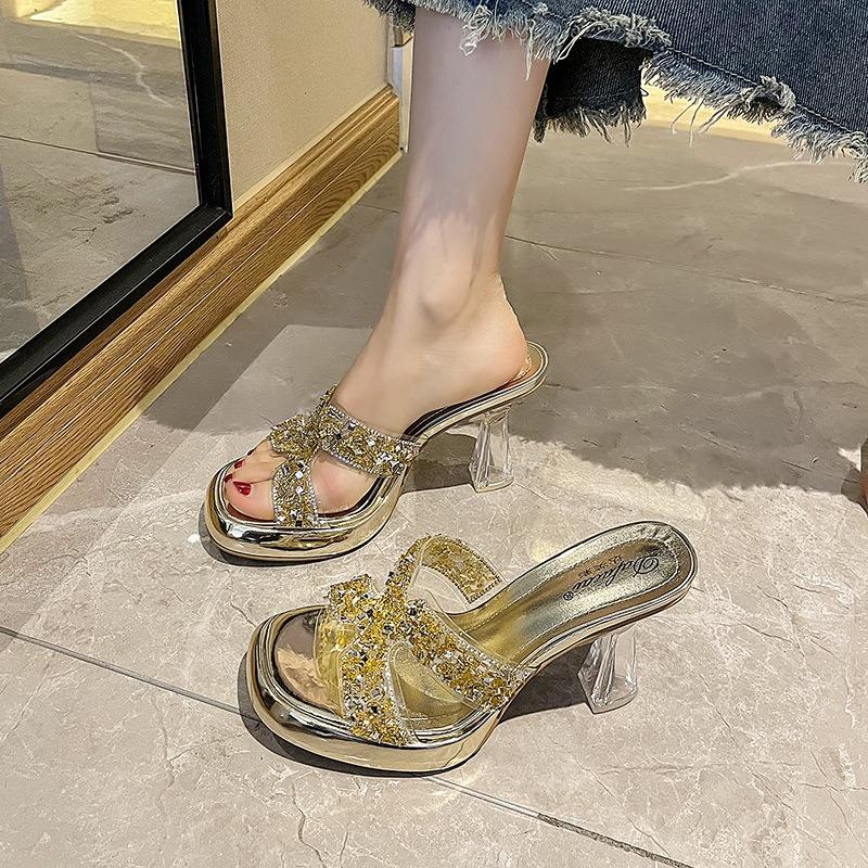Sexy Waterproof Desk High-heeled Cool Slippers Women's Spring Summer Rhinestone Outer Wear Banquet Thick-heeled One-word Slippers