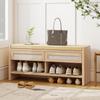 Boho Shoe Bench With 2 Rattan Drawers Shoe Storage Bench With Cushioned Seat And Open Shelf Oak Wood Effect