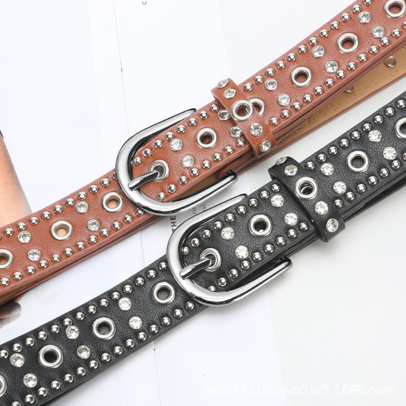 Women S Versatile Belt With Rivets Rhinestones Pin Buckle For Jeans