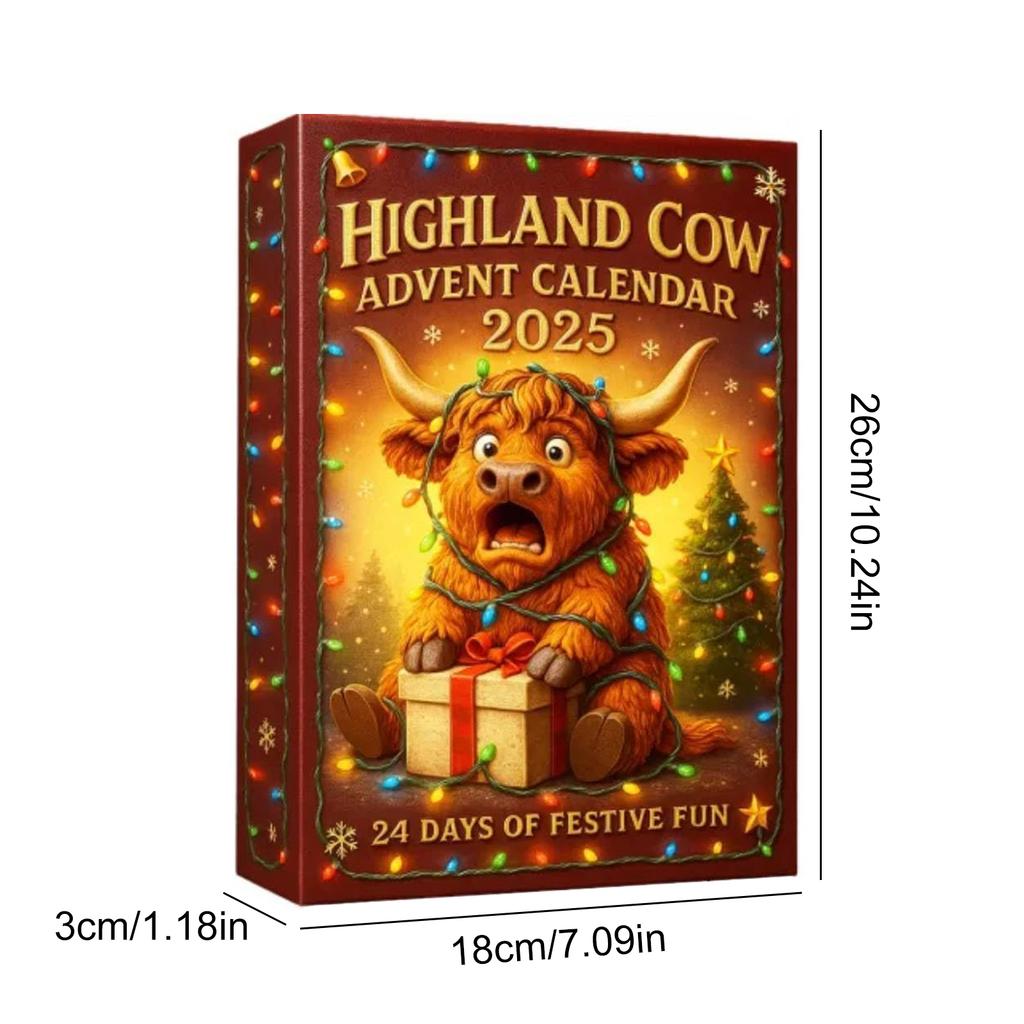 Advent Calendar 2025 with 24 Highland Cow Ornaments 24 Days Christmas Countdown Calendar Highland Cow Surprise Figurine Gift Box