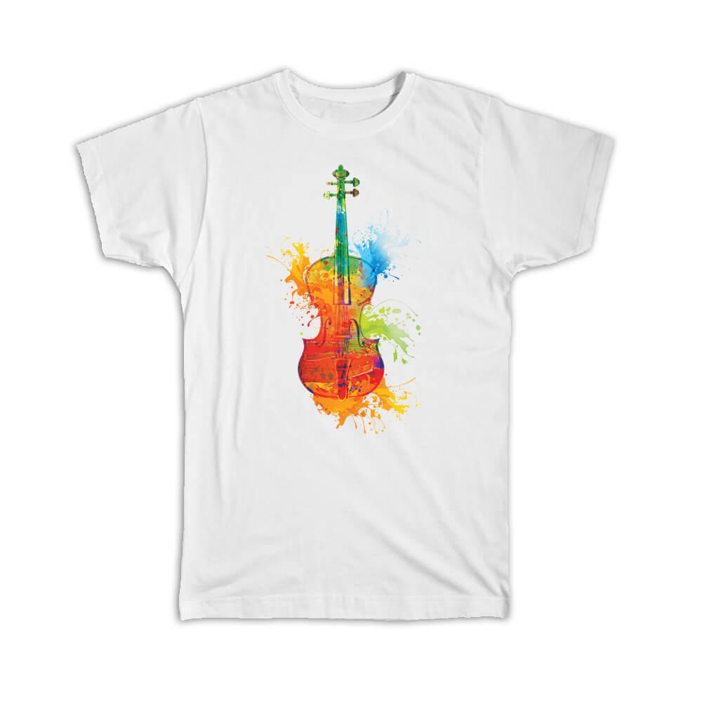 Geschenk-T-Shirt : Helle Farben Geige Farbflecken Musikalische Noten Partitur Klassische Kunst