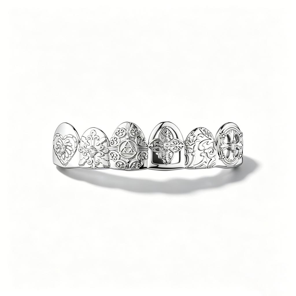 Hot Sale Vintage Carved Brass Full Zircon 6 Teeth Grillz Hip Hop Mouth Jewelry Men Rap Dental Grills