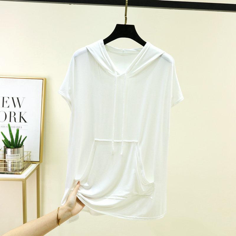 Taglie comode dalla L alla 6XL T-shirt con cappuccio in modal da donna estiva con tasca Magliette casual a maniche corte Fashion Tee Top camicia basic da abbinare a tutto