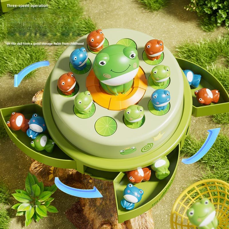 1SET Children's Ejection Frog Turntable Cartoon Net Fishing Bouncing Frog Concentration Training Sound and Light Electric Toy