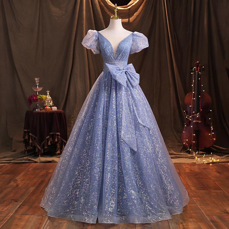 Bankett Abendkleid 1011 Neu Sommer Blau Temperament Elegant Gesangskunst Prüfung Solo Jahrestreffen Gastgeberin Kleid Frau