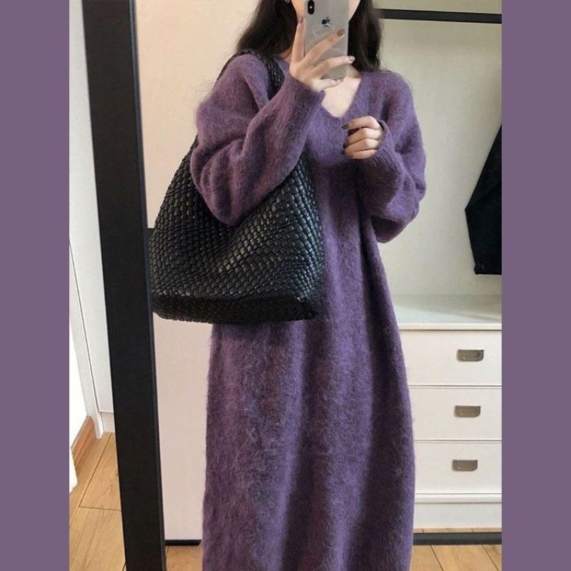 Soft Glutinous Wool Sweater Dress Loose Straight Tube Minimalist Long Autumn/Winter Matching Coat V-Neck Knitted Dress for Women