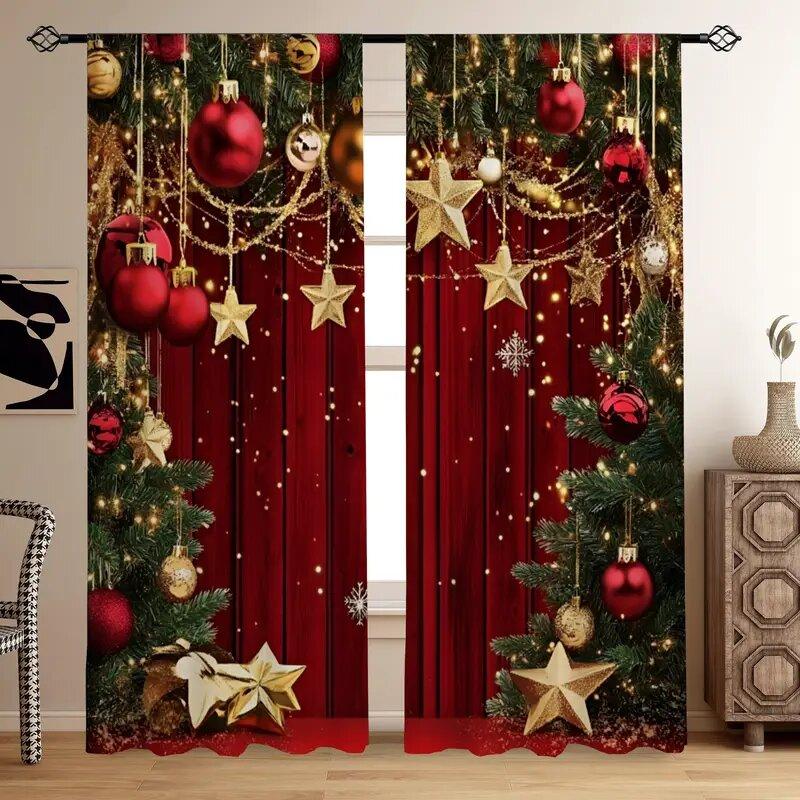 Christmas Pine Tree Printed Curtains Pole Bag Home Decoration Room Curtain Set Of 2 Made Polyester Washable