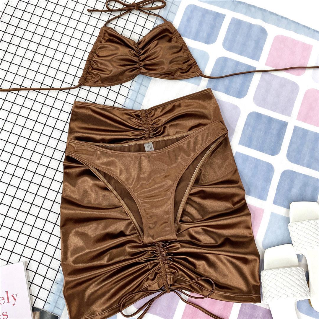 

мода Холтер морщинистый с юбкой бикини женский купальник женский купальник из трех частей бикини комплект купальный костюм купальный костюм женский купальник S коричневый