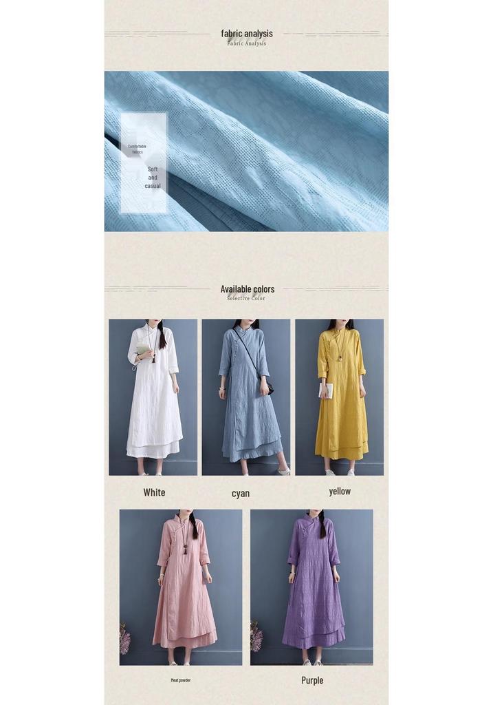 2024 Women's Double Layer Chinese Frog Button Cotton Linen Dress for Spring/Autumn - Retro Zen Tea Ceremony Style