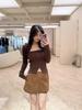 Nanyou Retro A-Line High Waist Brown Leather Mini Skirt for Women