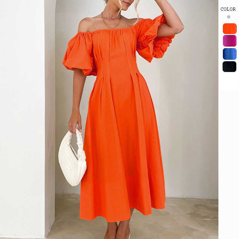 

Off Shoulder Dress Bohemian off-Neck Dress Puff sleeve High Waist Swing Skirt Women Clothes Orange S