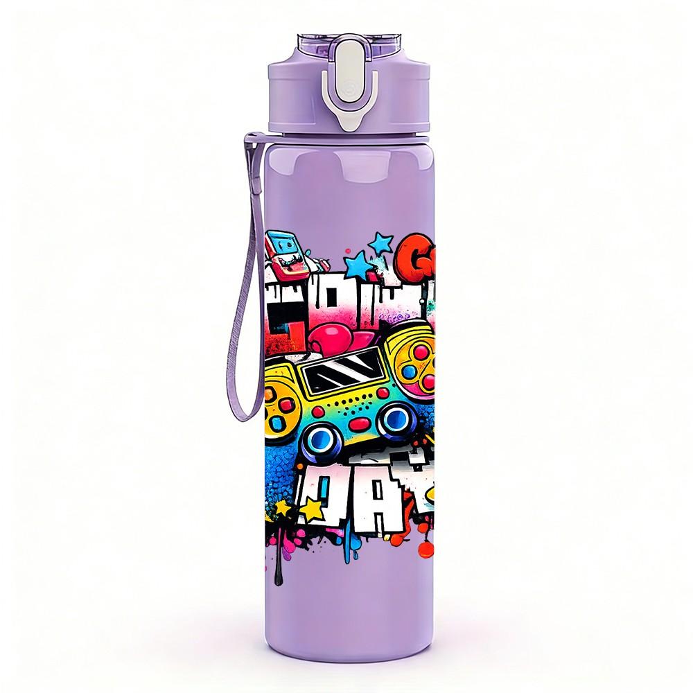 1PC Fun Birthday Party Graffiti Art Print 750ml Color Plastic Sports Water Bottle Leakproof Flip Straw Lid Suitable for Sports Office Home Use