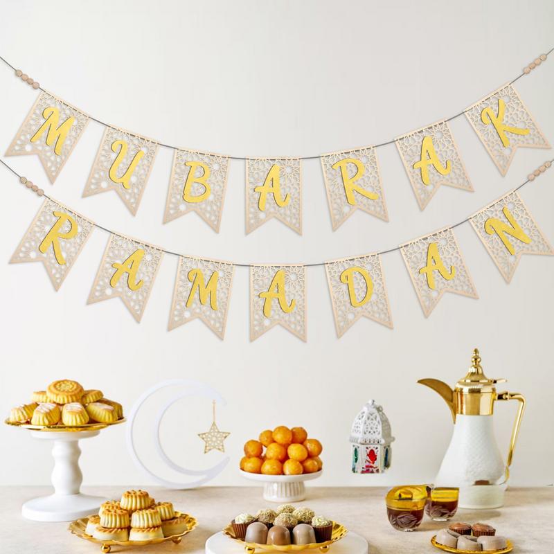 Wooden Ramadan Muslim Decor Banner Pull Flag Ramadan Kareem Hanging Ornaments Wooden Ornaments Eid Mubarak Happy Gift