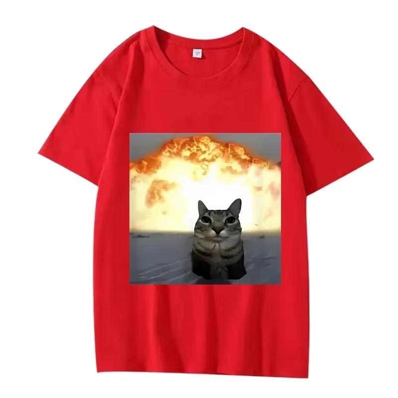 T-shirt Unisexe d'Été à Manches Courtes Imprimé avec Motif Drôle de Chatons Explosifs Meme Chat Humoristique