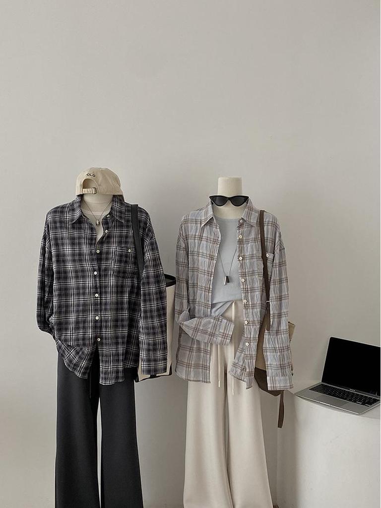 Korean Style Plaid Lapel Shirt: Trendy Loose Fit, Meat-Covering, Long-Sleeve Top for Women.