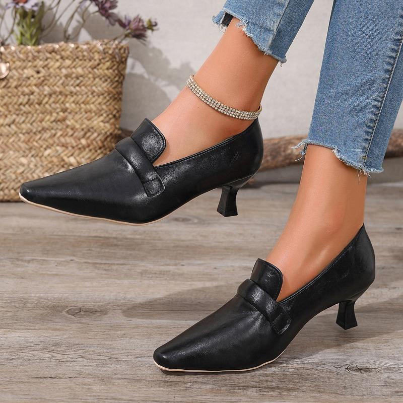 Fashion French Retro Temperament Low-heeled Shoes Women's Spring New  Pointed High Heels Small Leather Shoes Large Size 43