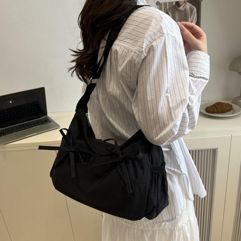 Pleated Nylon Shoulder Bag Multiple Pockets Hobo Bag Sweet Bow Crossbody Bag Women