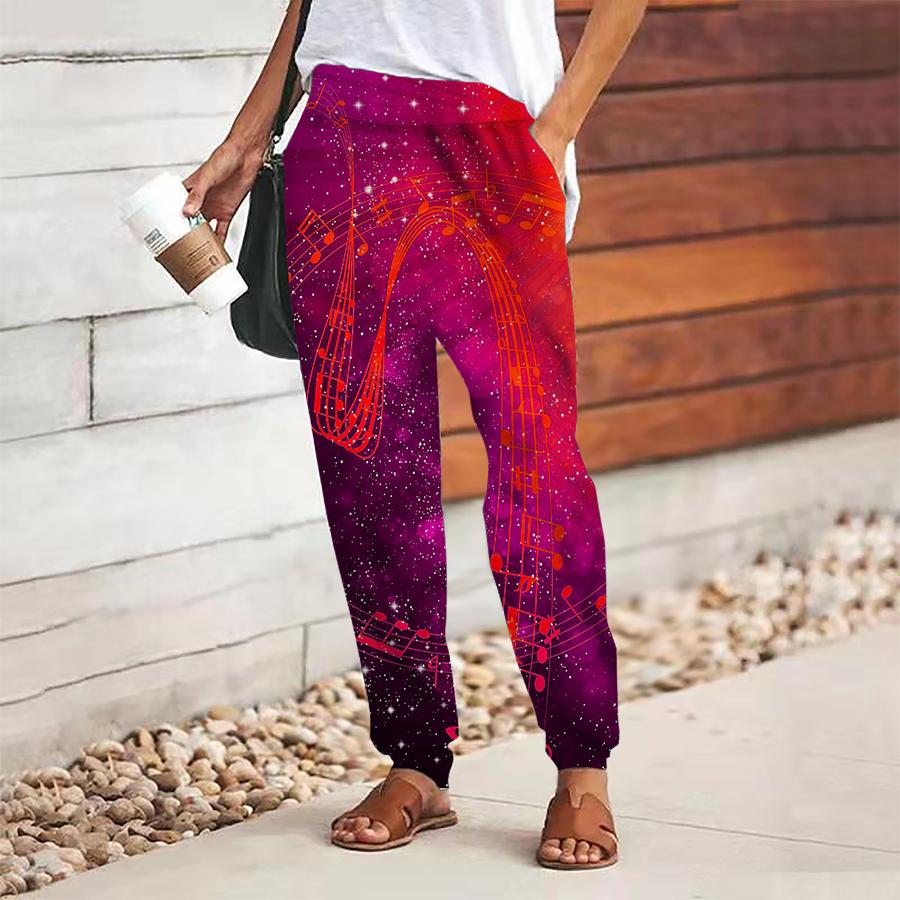 Women Abstract Printing Pants Lace Up Elastic Waist Loose  Trousers Casual Long Pants Trousers with Pockets
