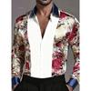 Men's Fashion New Design Printed Rose Men's Printed Rose Satin Shirt Long Sleeve Retro Holiday Wear Collar Button Shirt